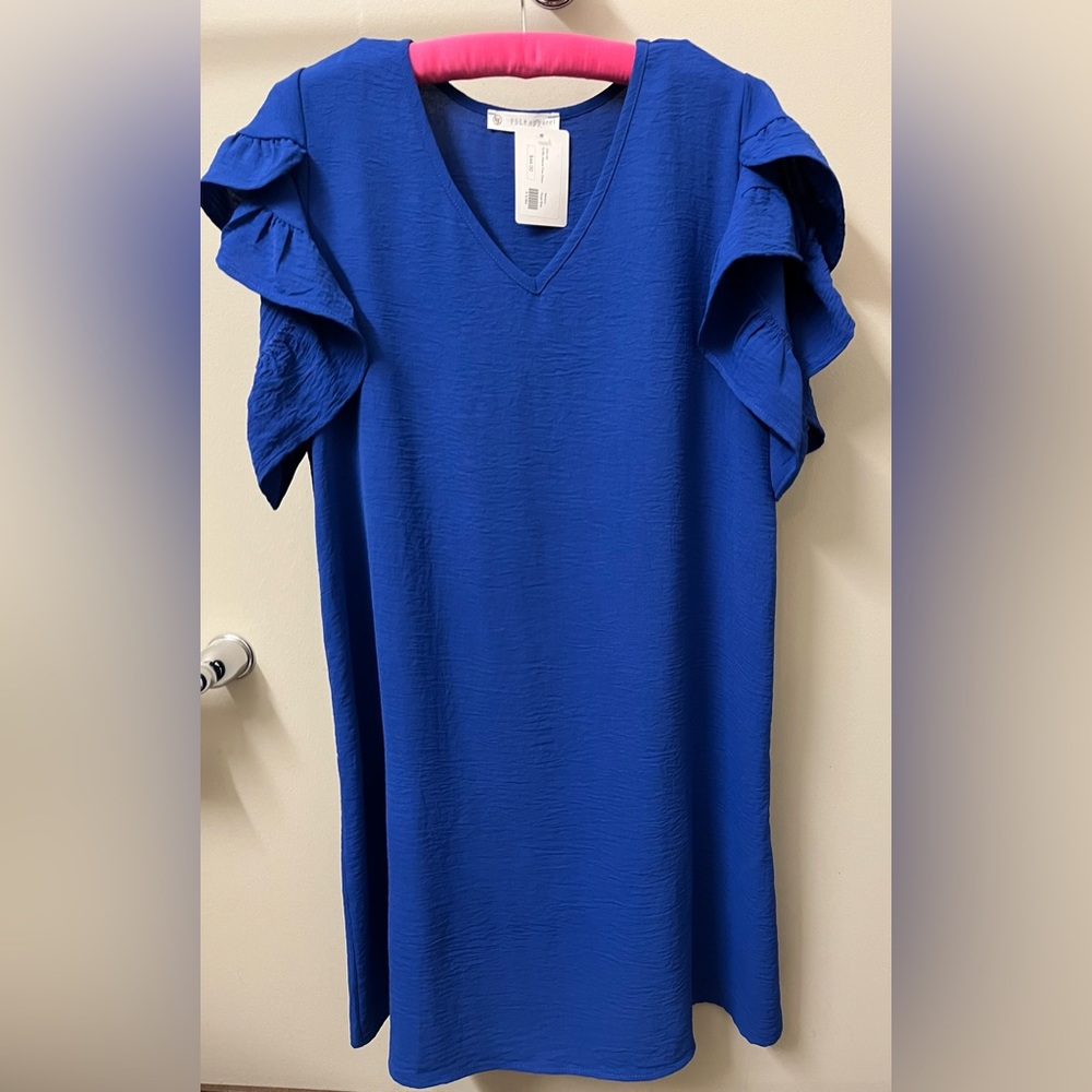 NWT FSL Apparel Royal V-neck Blue Ruffle Sleeve Flow Dress. Size Medium